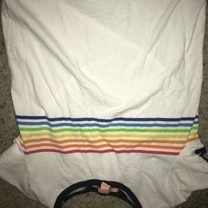 Short sleeve with rainbow stripes across it
